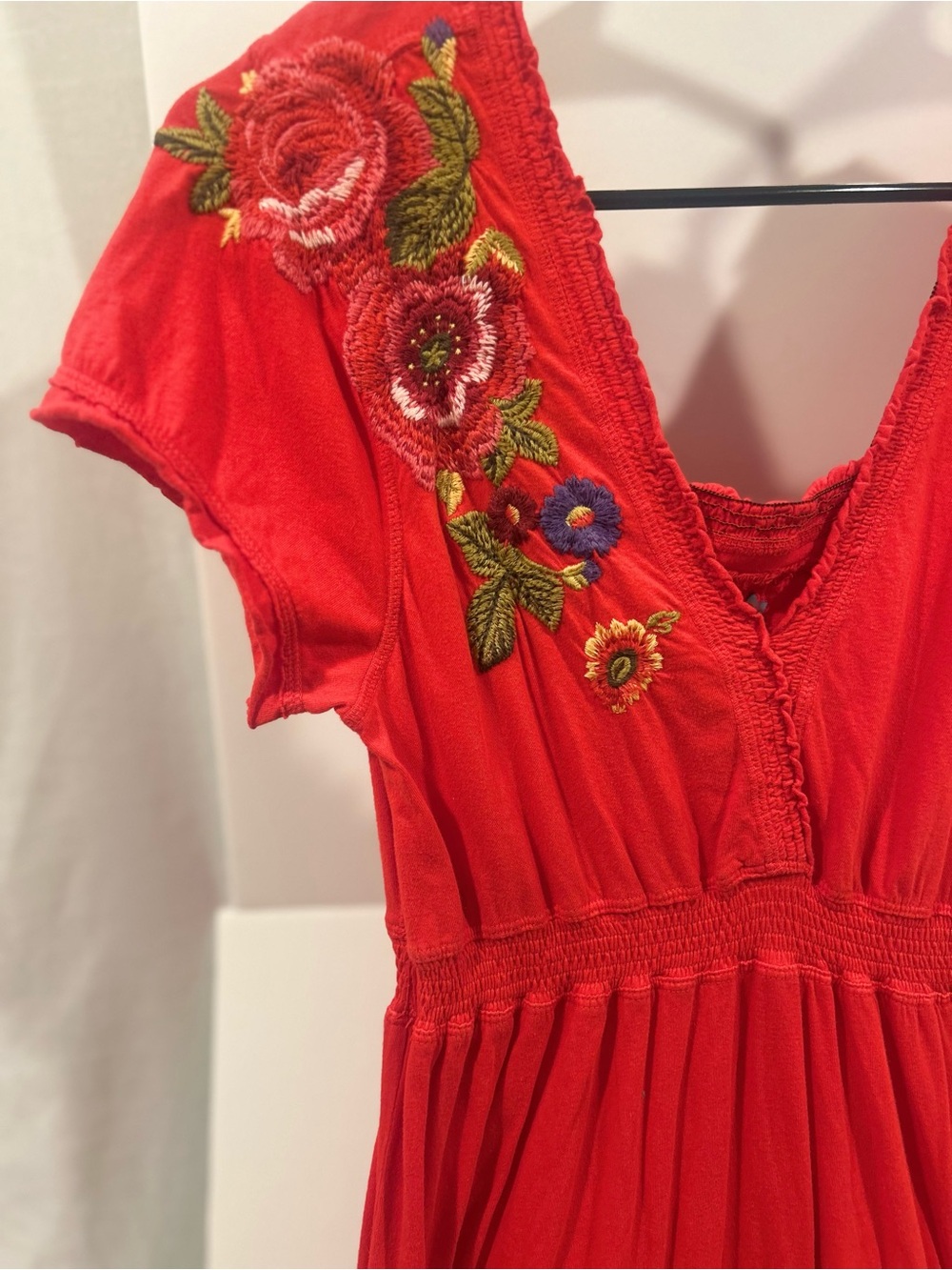 Johnny Was Red Embroidered V-Neck Dress with Floral Detail